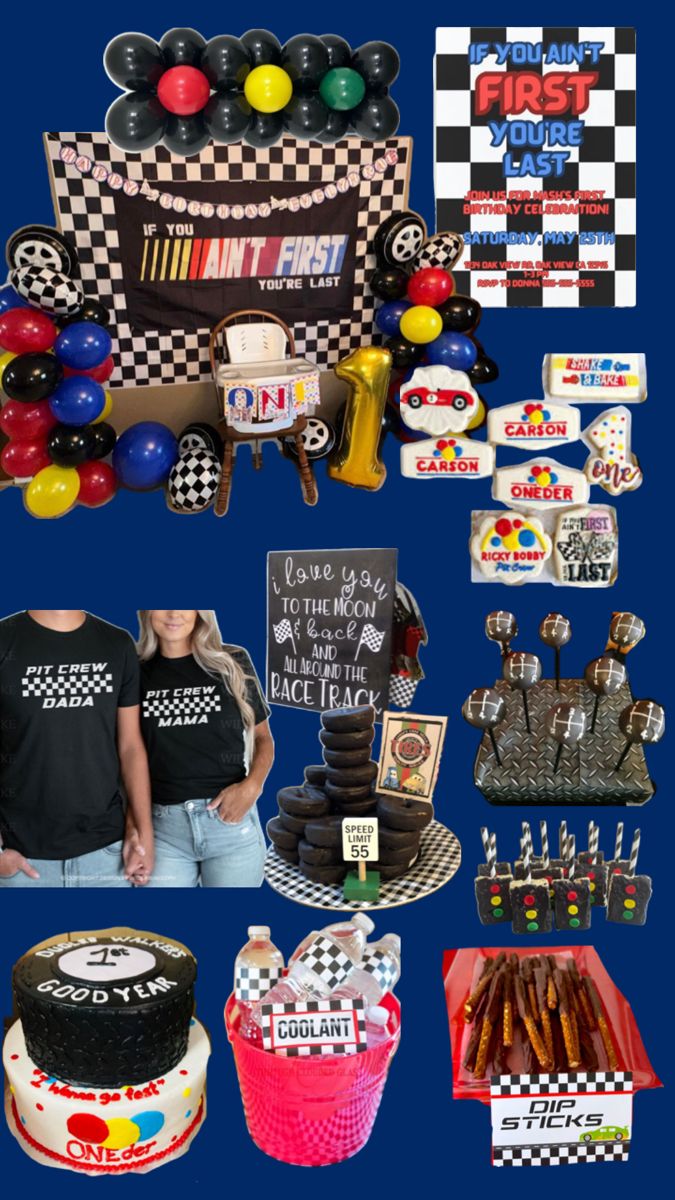 a collage of cakes, balloons and other items for a race themed birthday party