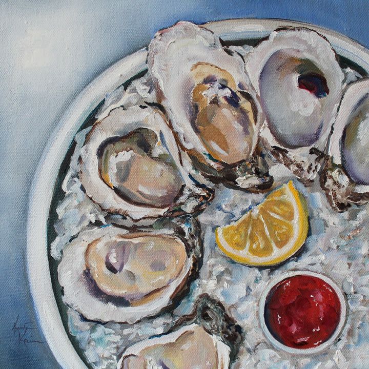 an oil painting of oysters on a plate with lemon wedges and ketchup