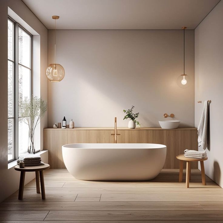 a large white bathtub sitting next to a window in a bathroom with wooden floors