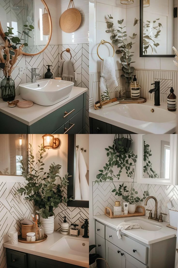 the bathroom is decorated in white and green tones, with plants on the counter top