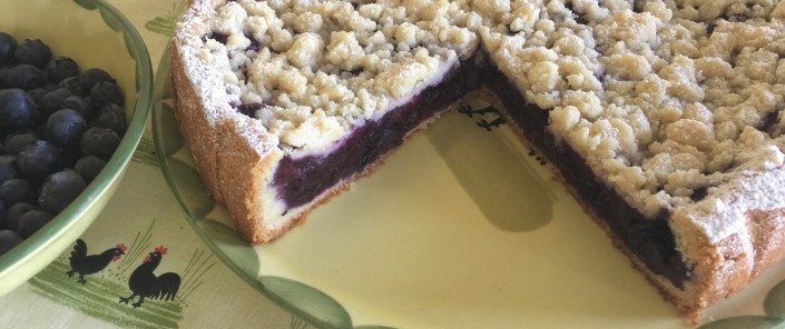 a blueberry crumb cake is on a plate next to berries and another pie