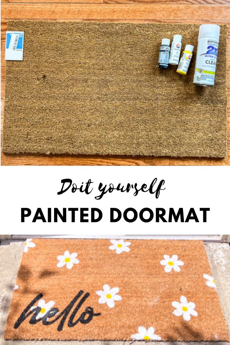 a door mat with the words diy yourself painted on it and an image of flowers