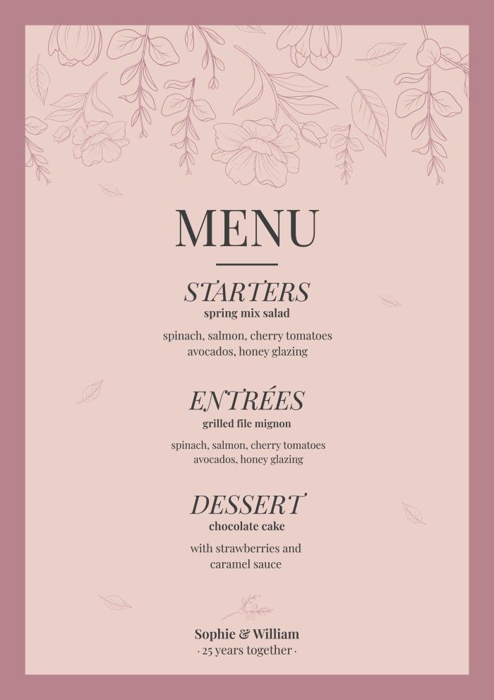 the menu for a restaurant with pink flowers and leaves on it's side, along with