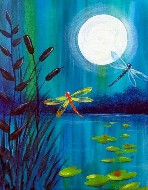 a painting of a dragon flys over water with lily pads in the foreground