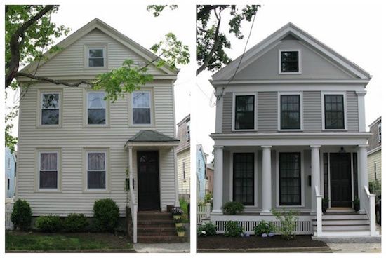 two identical houses side by side in front of each other