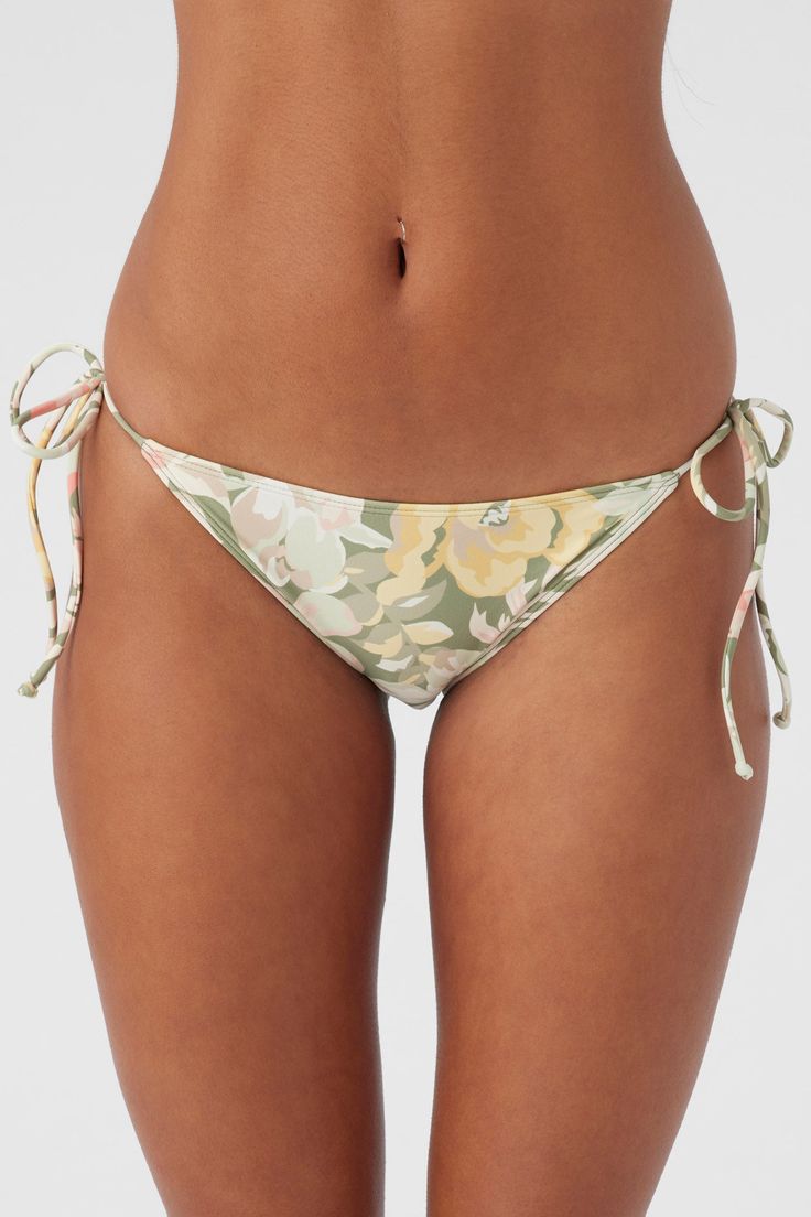 Effortlessly styled with a side tie design, this medium coverage bottom will have you soaking in sunny vibes all day. O'Neill Women's bikini bottom Medium coverage Side tie design Allover print 82% Recycled Polyamide, 18% Elastane Tactel | O'Neill Women's Veda Tropical Maracas Tie Side Bottoms in Oil Green, Size Large, Elastane/Polyamide Fitted Swimwear With Side Ties For Spring, Spring Swimwear With Side Ties And Tie-side Bottom, Tie-side Bottom Swimwear With Side Ties, Green Bottoms With Side Ties, Fitted Floral Print Tie-side Bottoms, Spring Swimwear With Drawstring Tie, Spring Beachwear Bottoms With String Tie, Casual Swimwear With Side Ties For Spring, Spring Vacation Bottoms With String Tie