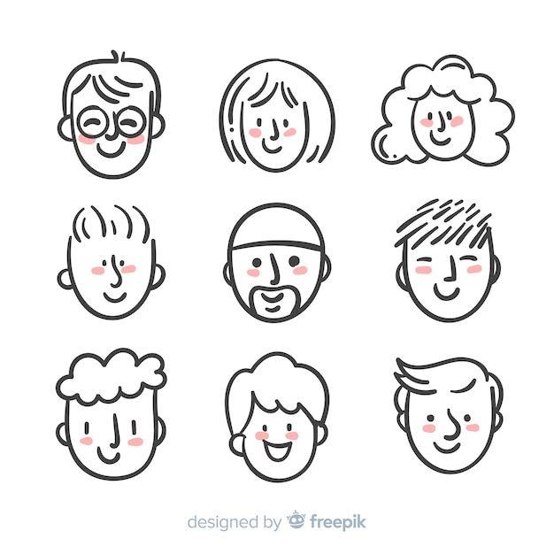 the faces of people with different facial expressions and haircuts, hand drawn in black ink