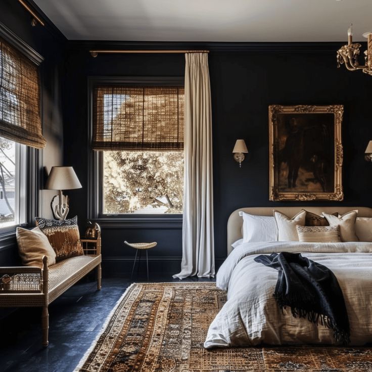 a bedroom with black walls and white bedding