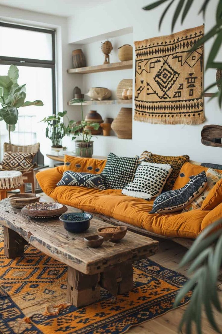 a living room filled with lots of furniture next to a large potted palm tree