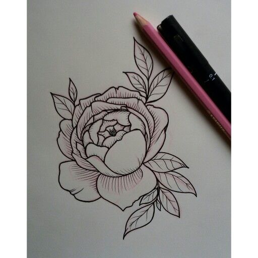 a drawing of a rose on paper with a pink marker next to it and a black pen