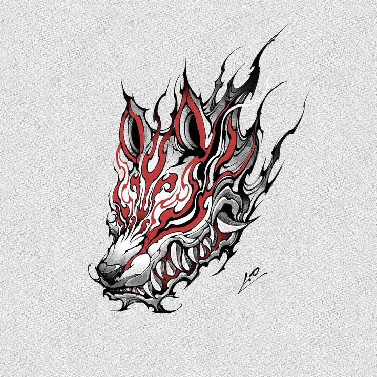 a wolf head with red and black flames on it's face, in the middle of