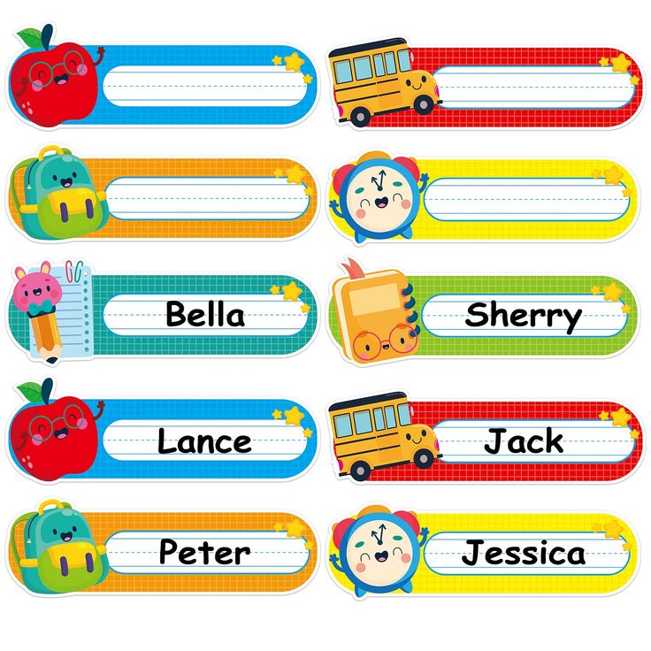 a set of name tags with pictures of school buses, apples and animals on them