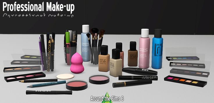 there are many different makeup products on the table and in front of it is an advertisement for professional make - up