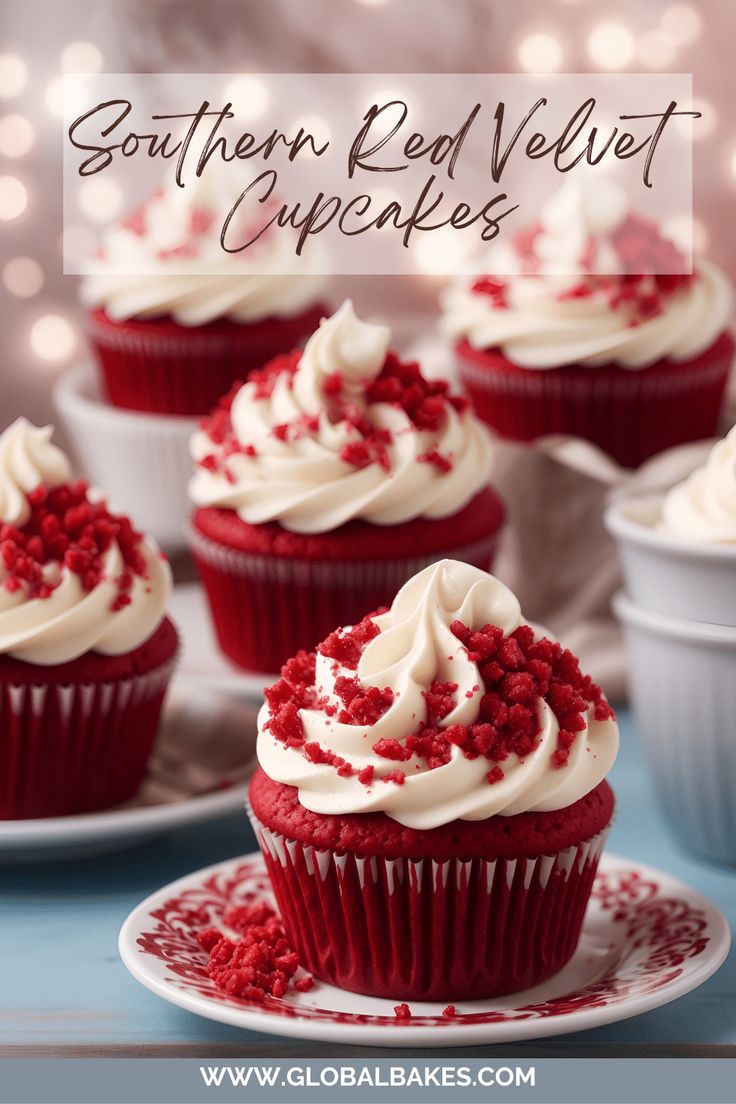 red velvet cupcakes with white frosting and sprinkles on a plate