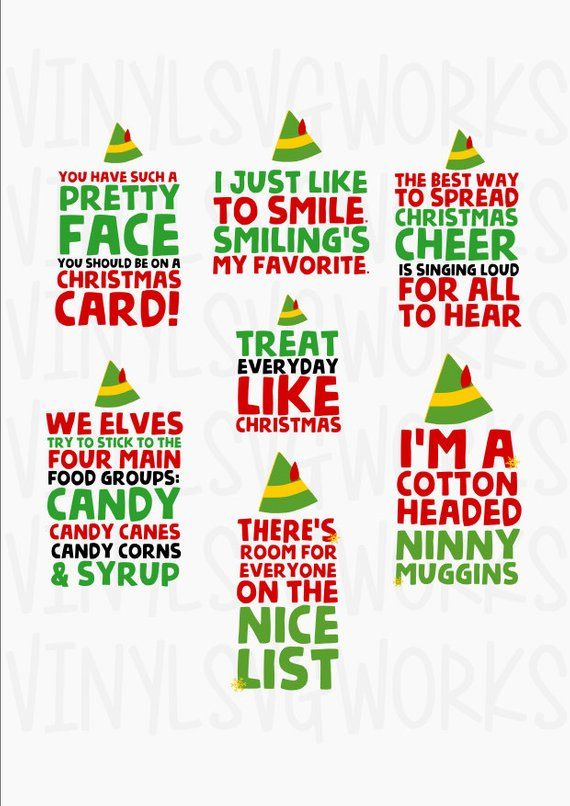 six christmas sayings with elf hats on them