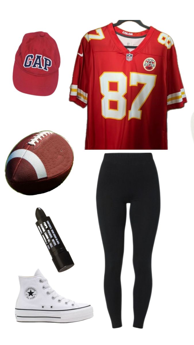 a football jersey, cap, and leggings are arranged on top of each other