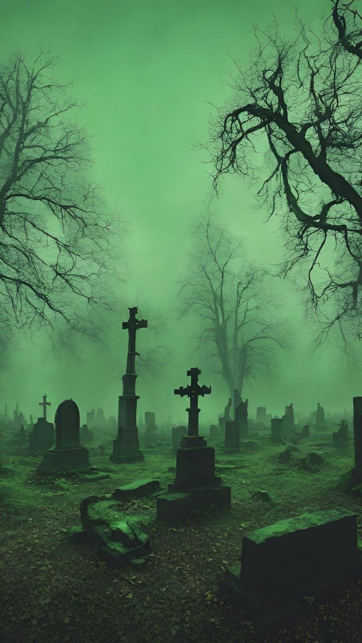 a cemetery with tombstones and trees in the fog