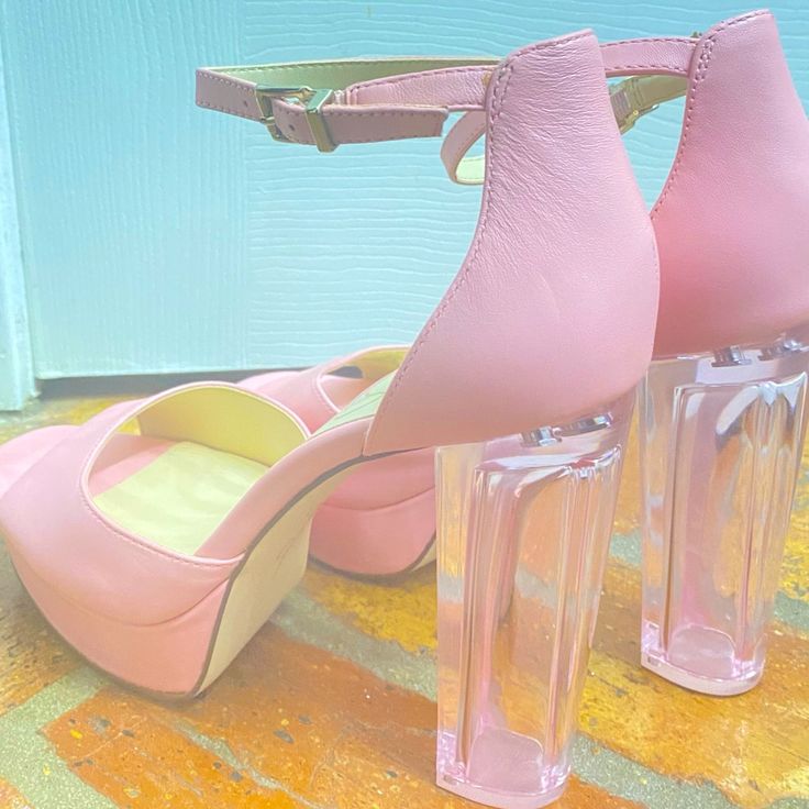 Pink Platform Heels With Unique Feature; Clear Heel Got The Wrong Size, New And Never Worn Price Negotiable Modern Pink Heels With Sculpted Heel, Modern Pink Pointed Toe Heels, Pink Heels With Stacked Heel And Medium Width, Pink Open Heel Shoes With Stacked Heel, Pink Synthetic Heels With Stacked Heel, Pink Open Heel Stacked Heels, Pink High Heels With Stacked Heel, Pink Leather Heels With Wrapped Heel, Pink Synthetic Heels With Sculpted Heel