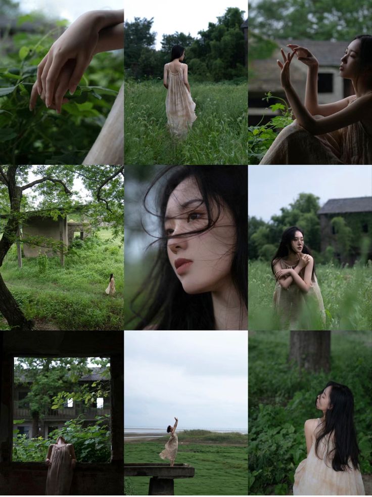 a collage of photos with women in the grass and one holding her hand up