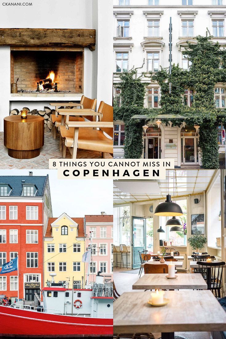 there are pictures of different buildings and things in the photo with caption that says, 8 things you cannot miss in copenhagen