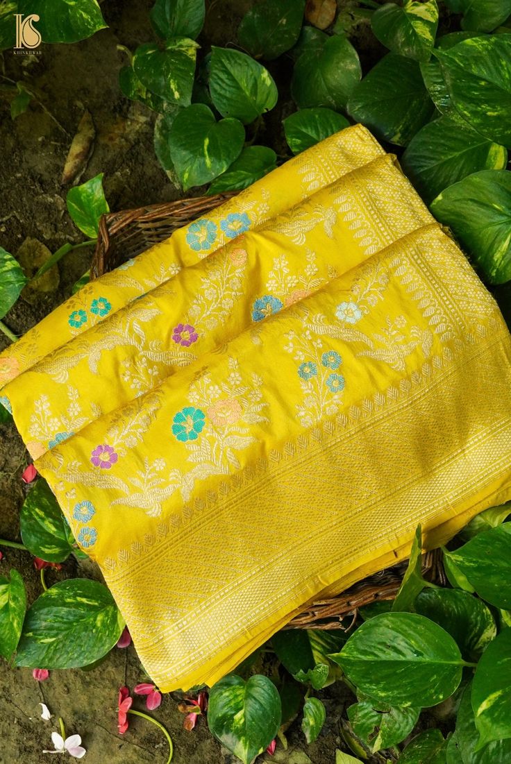 Indulge in the allure of Khinkhwab's Katan Silk Kadwa saree. This exquisite piece features the classic Katan silk weave with intricate Kadwa work, creating a luxurious texture and captivating design. Elevate your style with the timeless charm and craftsmanship embodied in this beautiful saree. Diwali Raw Silk Pre-draped Saree With Weaving Work, Traditional Yellow Raw Silk Pre-draped Saree, Traditional Yellow Paithani Silk Pre-draped Saree, Festive Wedding Saree With Weaving Work, Paithani Silk Traditional Wear With Zari Weaving, Traditional Paithani Silk Wear With Zari Weaving, Elegant Traditional Wear With Weaving Work For Eid, Wedding Blouse Piece With Weaving Work For Diwali, Bollywood Style Traditional Wear For Wedding With Weaving Work