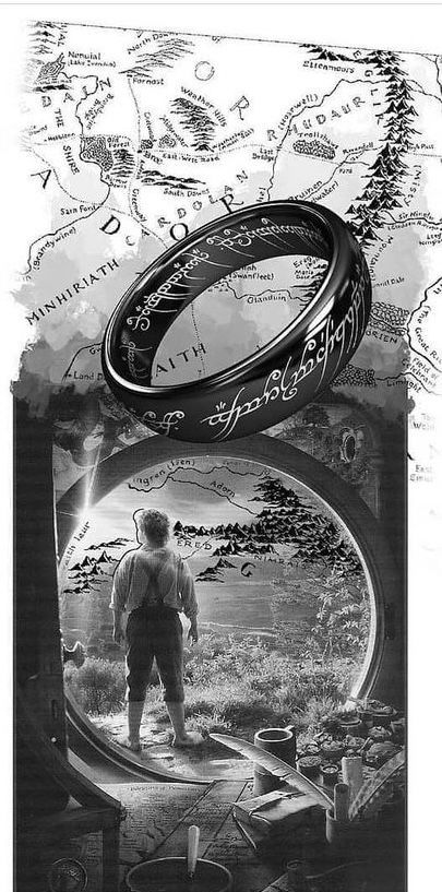 the lord of the rings poster is shown in black and white