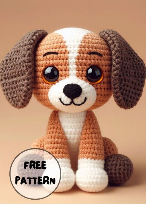 a crocheted stuffed dog sitting on top of a brown and white background with the words free pattern below it