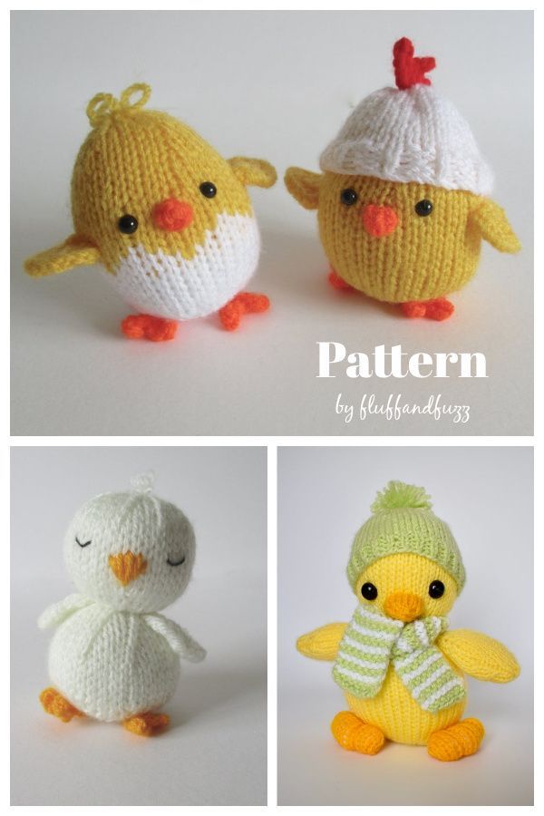 crocheted stuffed birds with hats and scarves on their heads are shown in three different photos