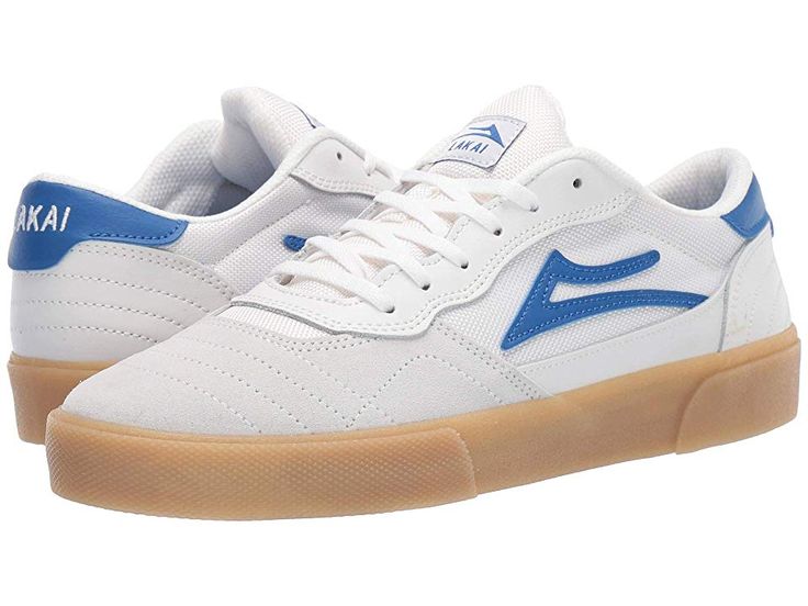 Lakai Cambridge - Men's Shoes : White/Blue Suede : Modern aesthetic meets vintage design with the skate-ready Lakai Cambridge skateboard shoes! Skate shoe in a low-top silhouette featuring a mix of contemporary and classic styles. Uppers of suede, mesh, and perforated synthetic leather. Lace-up closure. Textile lining for breathable wear. DELUX-LITE footbed for cushioned comfort. PARA-MOUNT outsole offers advanced vulcanized technology for grippy performance. Imported. Measurements: Weight: 1 lb Suede Skate Shoes With Rubber Sole For Streetwear, Low-top Skateboarding Sneakers With Gum Sole, Low-top Sneakers With Gum Sole For Skateboarding, White Skate Shoes With Rubber Waffle Outsoles, Suede Lace-up Skate Shoes For Skateboarding, Low-top Skate Shoes With Rubber Sole, Suede Skate Shoes With Vulcanized Sole For Streetwear, Casual Low-top Skate Shoes With Gum Sole, Casual Suede Skate Shoes With Branded Insole