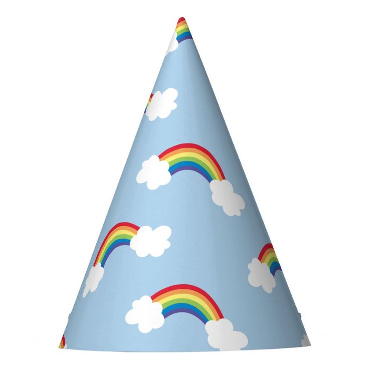 a blue party hat with rainbows and clouds on it