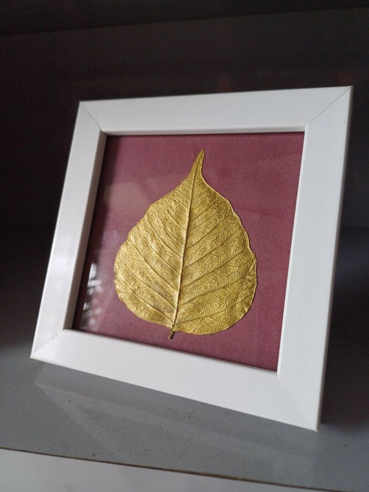 a gold leaf is displayed in a white frame