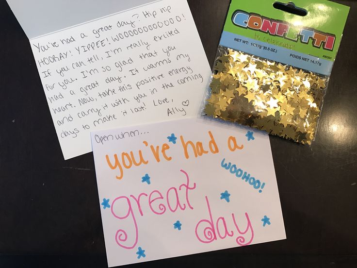 two greeting cards with confetti written on them next to a bag of confetti