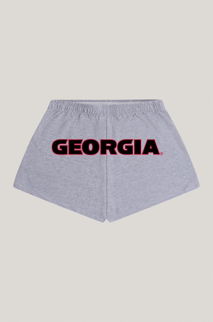 Basic booty shorts with elastic waistband and side pockets. Printed logo on the back. About the Style: 95% Cotton, 5% Spandex Sits on the hip. Option to fold waistband Screen Print logo Soffee Shorts, Soffe Shorts, Logo Application, University Of Georgia, Print Logo, Screen Print, See You, Screen Printing, Georgia