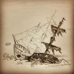 a drawing of a boat that has been washed up on the beach with it's sails down