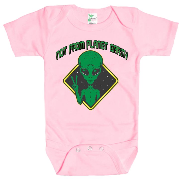 Rapunzie's adorable and out-of-this-world baby onesie featuring a captivating green alien graphic and the playful caption, "Not From Planet Earth." Crafted with utmost care, this onesie is made from 100% cotton to ensure the softest touch against your little one's delicate skin. Designed for comfort and style, this onesie comes with short sleeves, making it perfect for warmer days or as a layering piece during cooler weather. The vibrant green alien graphic adds a touch of whimsy and sparks the Green Fitted Casual Onesie, Cute Fitted Green Onesie, Fitted Green Playful Onesie, Playful Green Fitted Onesie, Green Fitted Playful Onesie, Playful Green Short Sleeve Bodysuit, Green Playful Short Sleeve Bodysuit, Funny Graphic Print Onesie For Playtime, Funny Graphic Print Short Sleeve Bodysuit