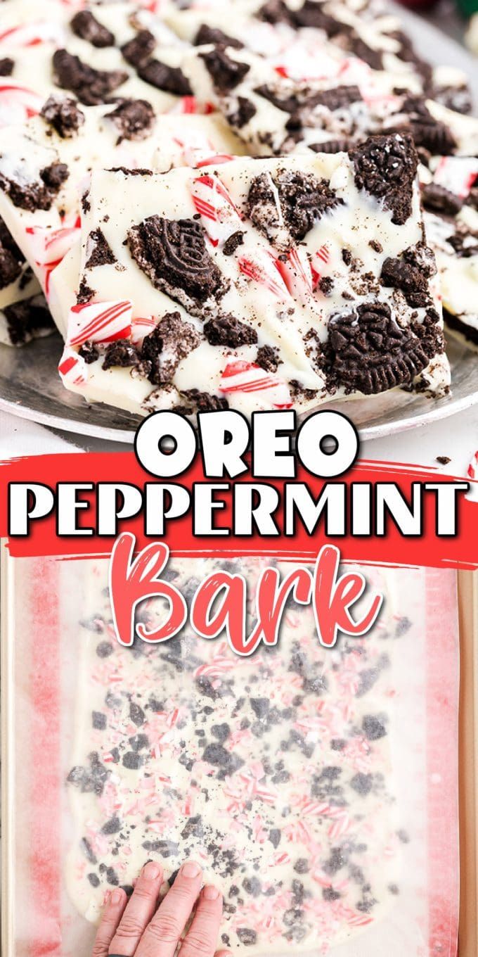 oreo peppermint bark cake on a plate with the title overlay reads oreo peppermint bark