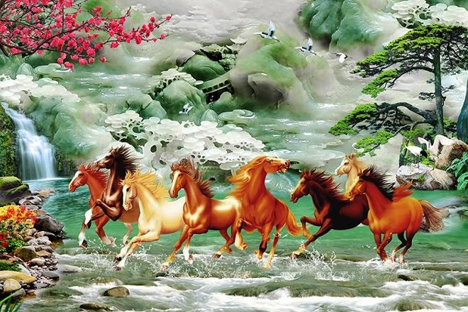 four horses running through the water in front of a waterfall and trees with red flowers