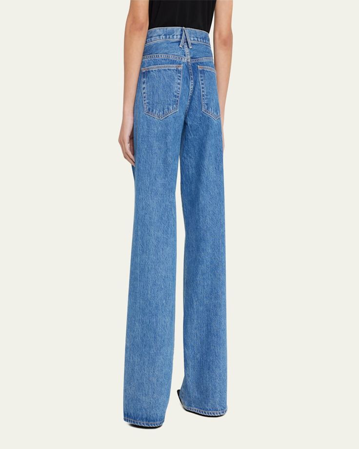 SLVRLAKE "Mica" wideleg jeans  in a mediumwash denim    Fivepocket style    Lowrise    Relaxed fit    Full length    Button/zip fly; belt loops    Cotton    Machine wash     Made in USA Relaxed Jeans, Wide Leg Jeans, Leg Jeans, Low Rise, Made In Usa, Full Length, Tops Designs, Wide Leg, Relaxed Fit