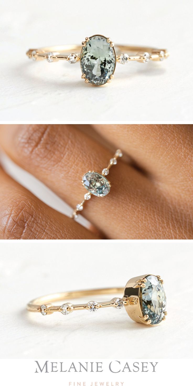 two different views of an engagement ring with blue and white diamonds on the side, one in