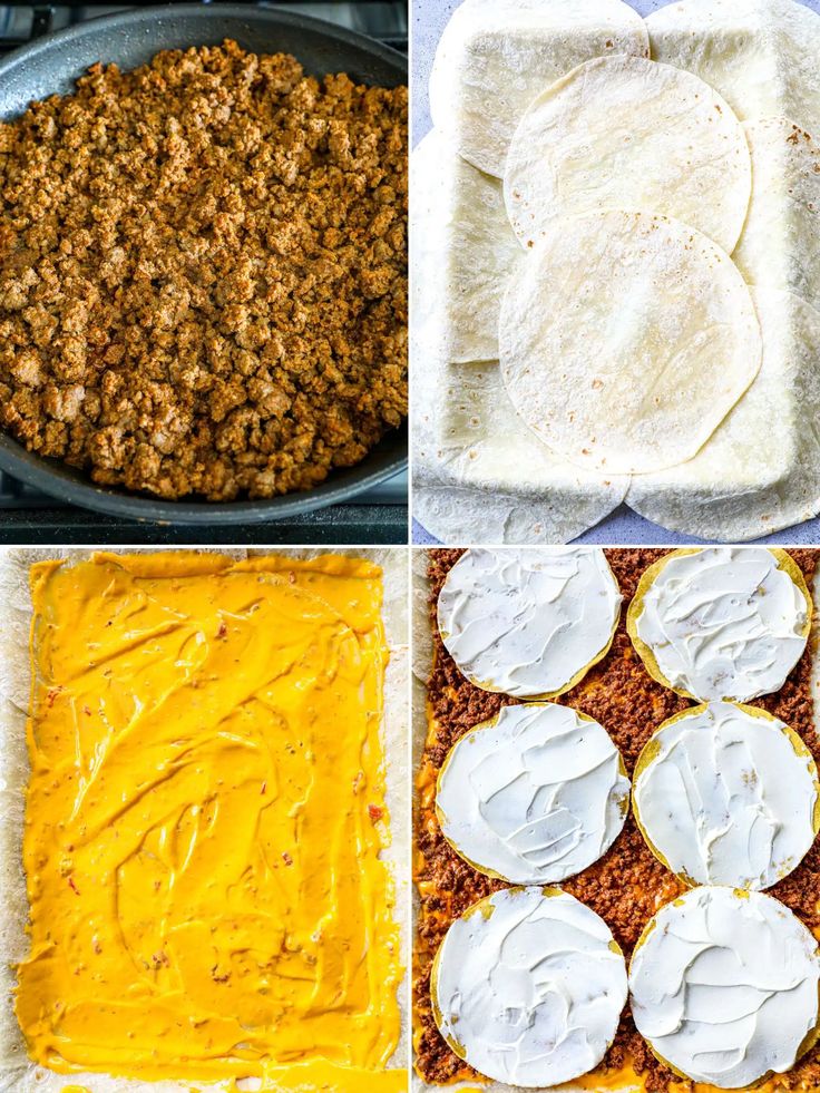 four pictures showing the steps to make mexican food including tortillas, quesadillas and cheese