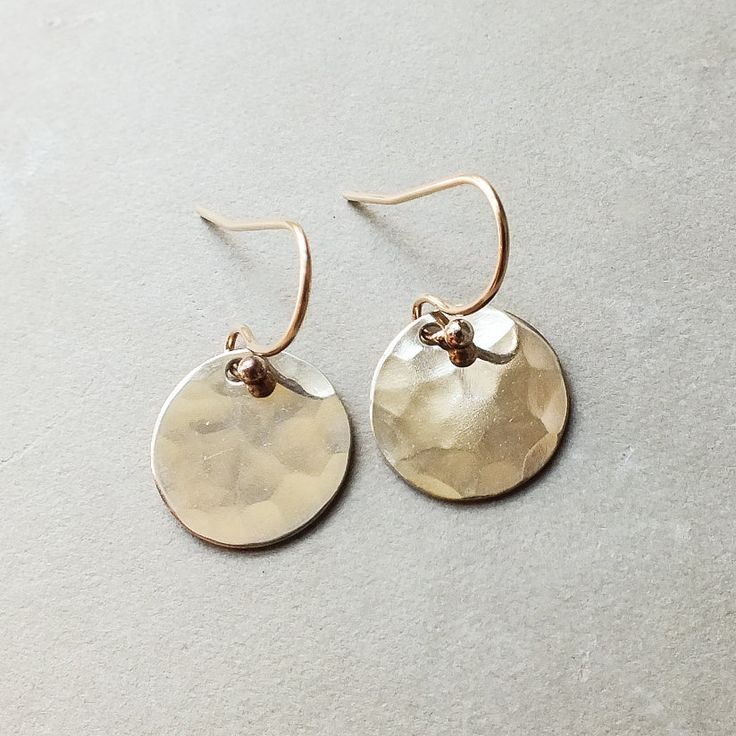 Lightweight disc drop earrings for everyday wear. Hammered by hand to add texture and shine, and hung simply from french hook ear wires. Packaging Logo, Earring Card, Mothers Necklace, Earring Cards, Linen Bag, Circle Necklace, Ear Wires, Gold Filled, Silver Gold