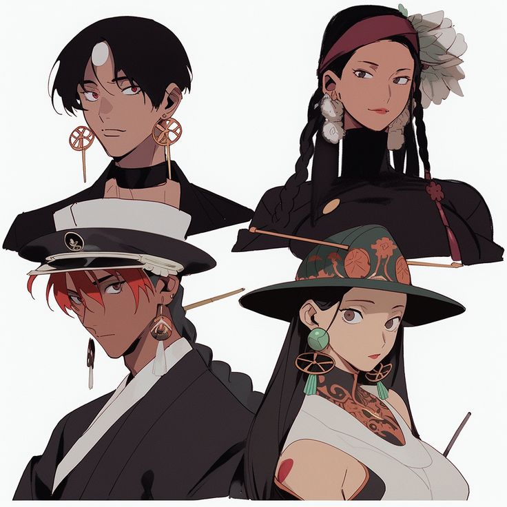 four anime characters wearing hats with long hair and piercings on their ears, standing in front of each other