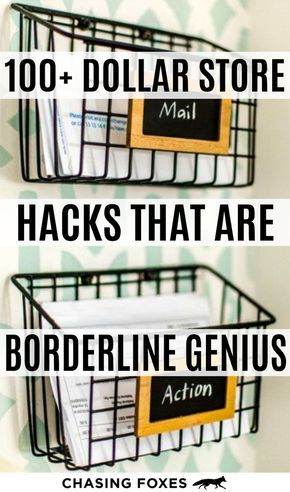 two metal baskets with labels on them and the words, dollar store hacks that are borderline genius