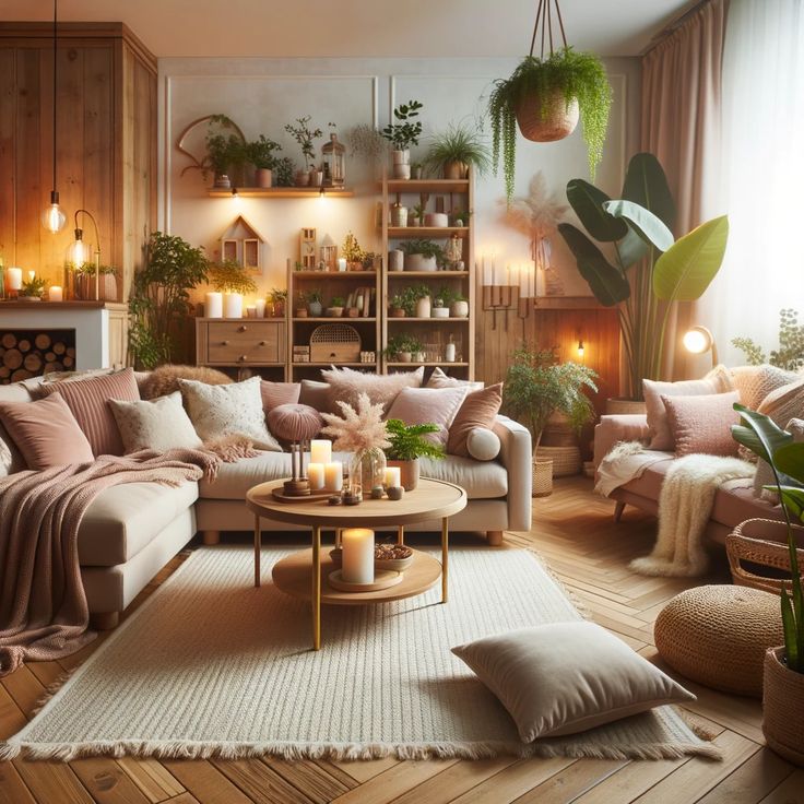 Photo of a cozy living room with soft lighting, plush cushions, wooden furniture, and indoor plants, embodying home inspo vibes. Natural Wood Apartment Decor, Cozy Living Room Art, Cosy Interior Design Living Room, Botanical Style Living Room, Cozy Plant Decor, Living Room Interior Aesthetic, Bohemian Living Room Plants, Home Decor Comfy, Colourful Cozy Living Room