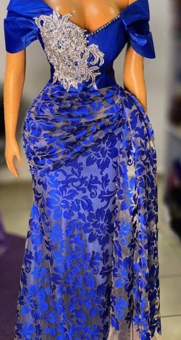 Royal Blue African Dress, Sequin Lace Asoebi Styles, Asobi Lace Style, Ankara Lace Styles For Women, Nigerian Lace Dress, Prom Dresses Plus Size, Royal Blue Evening Dress, Lace Dress Classy, African Bridal Dress