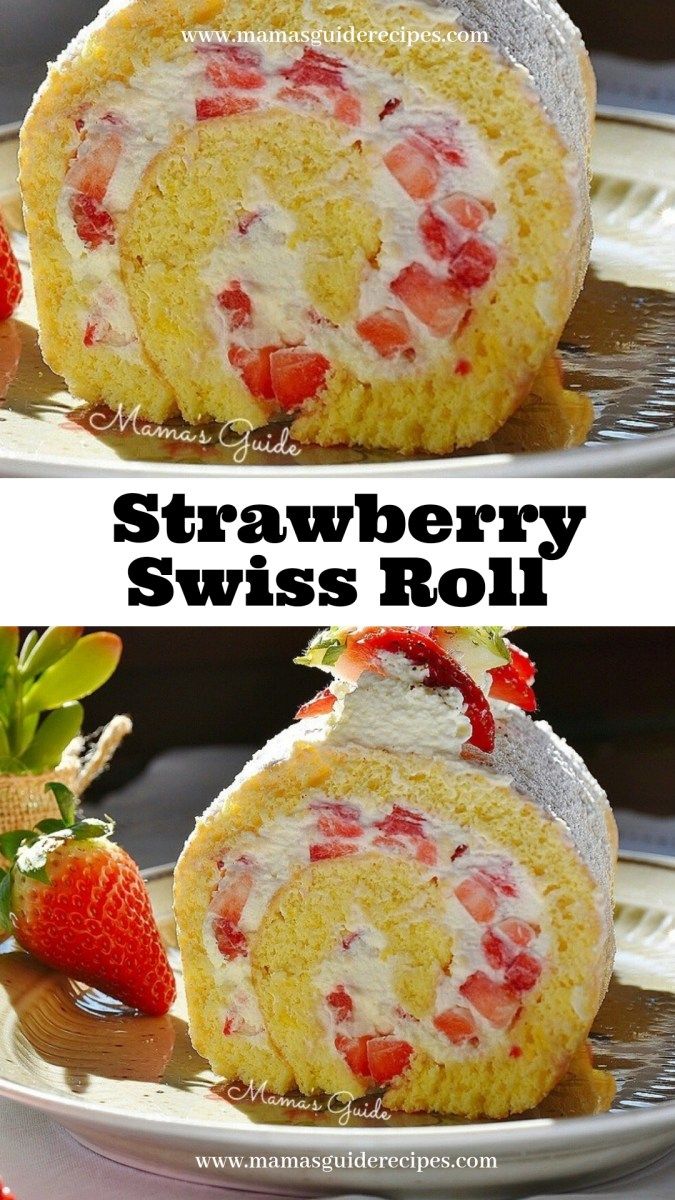 strawberry swiss roll on a white plate with strawberries in the middle and another photo showing it