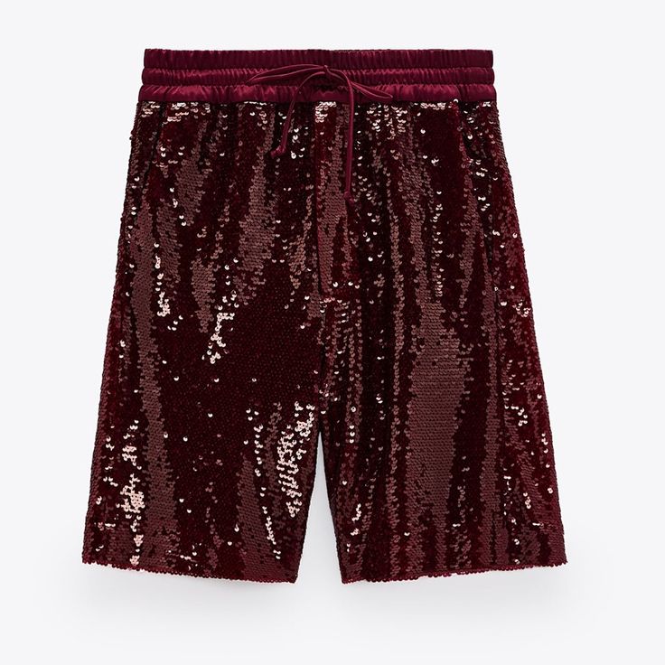 High Waisted Sequin Shorts Elastic Drawstring Waistband Front Pockets Interior Lining 100% Polyester Location Bin 16 Stretch Burgundy Bottoms For Party, Red High-waisted Shorts For Party, Trendy Burgundy Party Bottoms, Trendy Party Shorts With Elastic Waistband, Zara Party Bottoms With Short Length, Zara Party Bottoms Short Length, Chic Stretch Red Shorts, Chic Red Stretch Shorts, Zara Party Bottoms