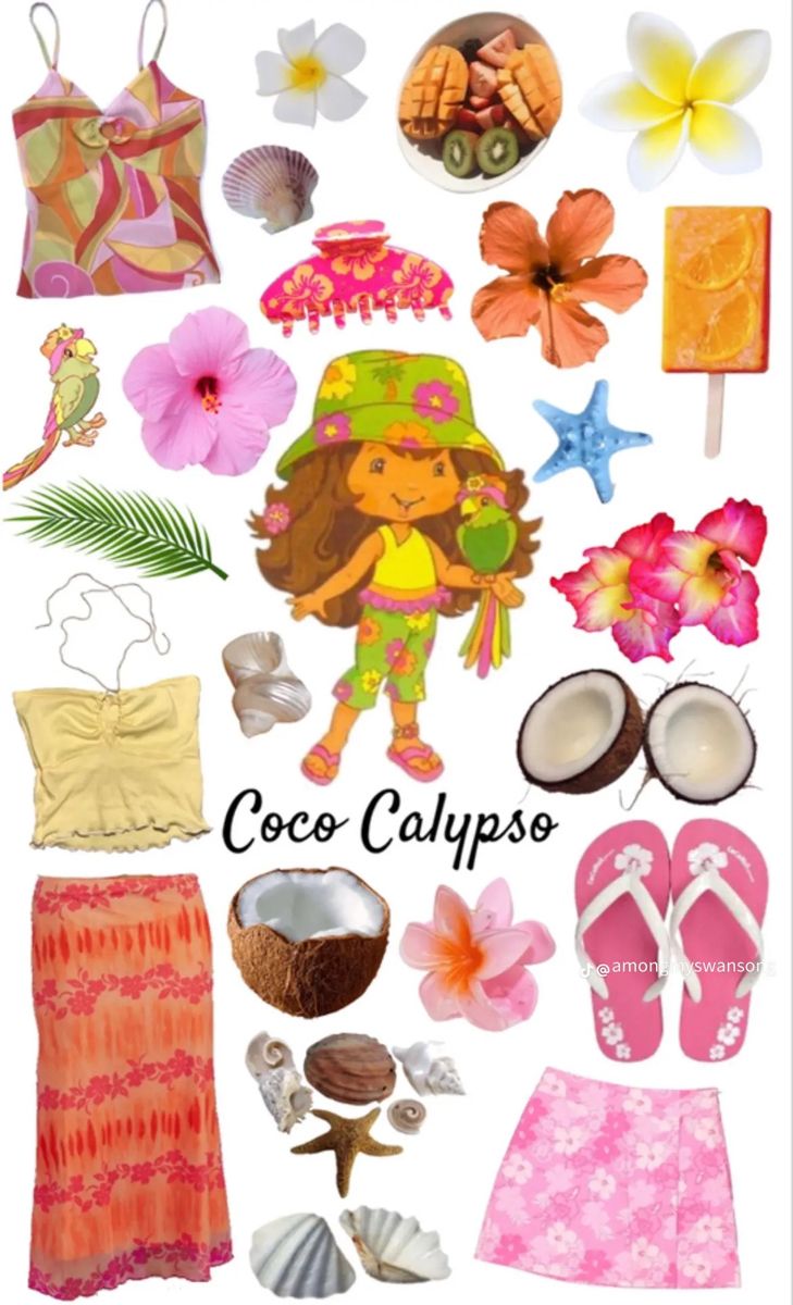 Fruit Themed Outfits Aesthetic, Strawberry Shortcake Character Outfits, Hibiscus Aesthetic Outfits, Hawaii Outfit Aesthetic, Coco Calypso Strawberry Shortcake, Tropical Core Outfit, Hibiscus Outfit, Coconut Outfits, Tropical Aesthetic Outfit