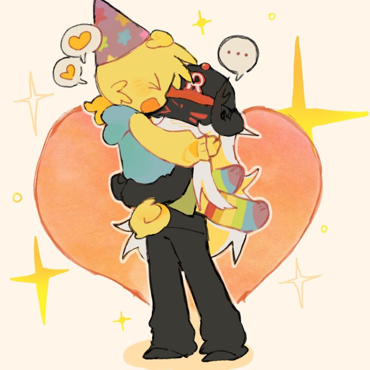 a drawing of a cat hugging a dog wearing a party hat and holding a stuffed animal