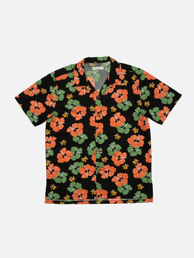 Arvid Flower Hawaii Shirt Black Spring Green Camp Shirt With Floral Print, Green Floral Print Camp Shirt For Spring, Collared Cotton Hawaiian Shirt With Floral Print, Cotton Collared Hawaiian Shirt With Floral Print, Cotton Floral Print Collared Camp Shirt, Black Floral Print Shirt For Summer, Tropical Floral Print Cotton Camp Shirt, Black Collared Camp Shirt With All Over Print, Cotton Camp Shirt With Floral Print